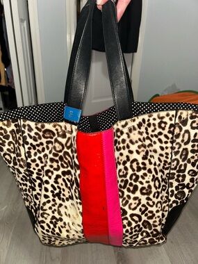 Juicy Couture Leopard Tote with Red and Pink Center Stripe